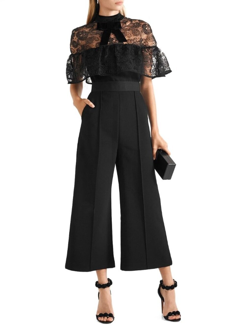 SELF-PORTRAIT Black Paisley Embroidered Tulle Crepe Wide Leg Jumpsuit, Size 2